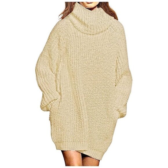 Women's Loose Turtleneck Oversize Long Pullover Sweater Dress Rouge Rose Pink - Picture 1 of 8